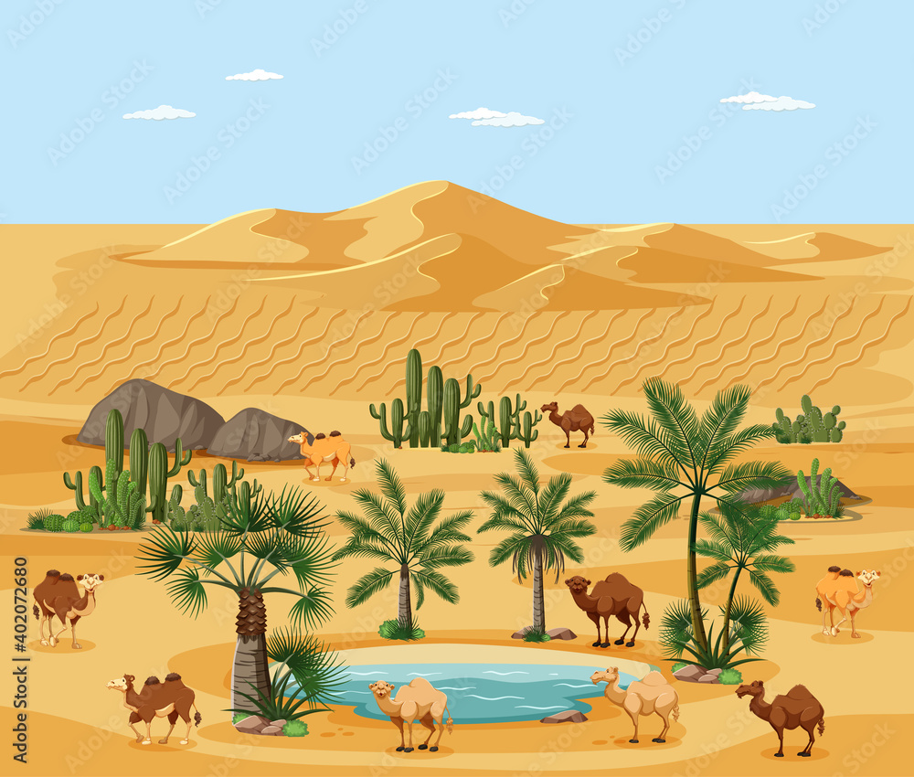 棕榈和骆驼自然景观的沙漠绿洲