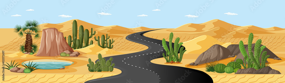 沙漠绿洲，有公路、棕榈树和仙人掌自然景观