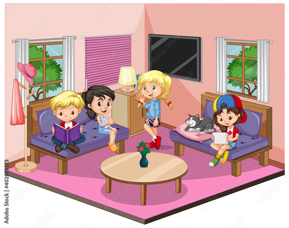 白色背景下粉色主题场景中的客厅里的孩子