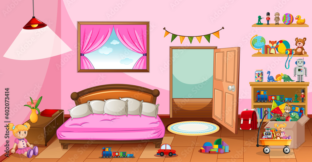 粉色卧室场景中的许多玩具
