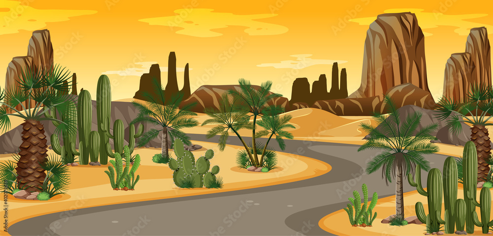 沙漠绿洲，棕榈树和公路自然景观场景