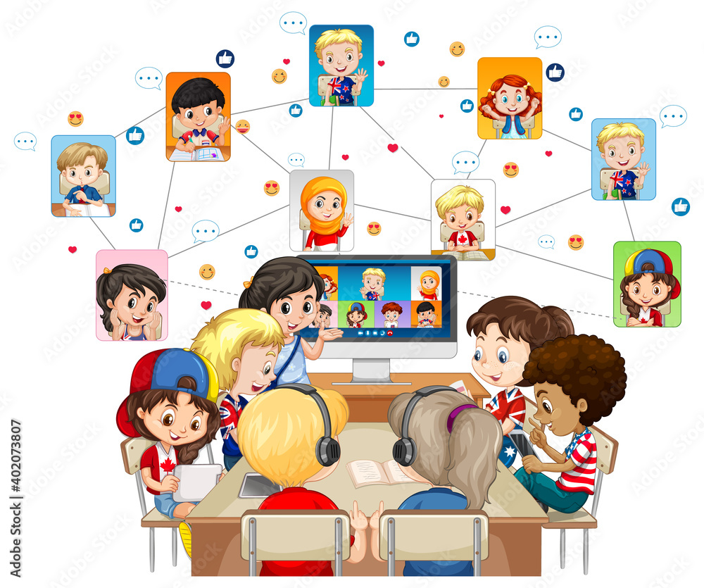 Children using laptop for communicate video conference with friends on white background