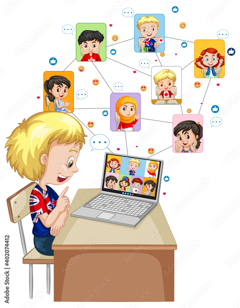 一个男孩用笔记本电脑与朋友视频通话，背景为白色