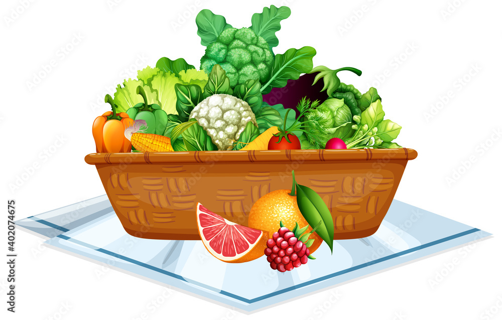 白色背景下分离的篮子里的蔬菜和水果