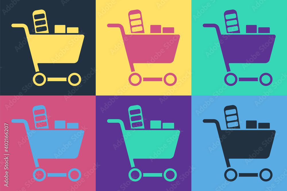 Pop art Shopping cart and food icon isolated on color background. Food store, supermarket. Vector.