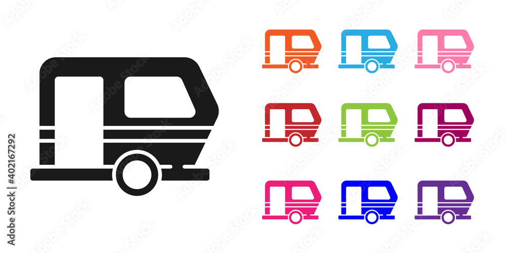 白色背景上隔离的黑色Rv露营拖车图标。旅行移动房屋、房车、家庭露营车