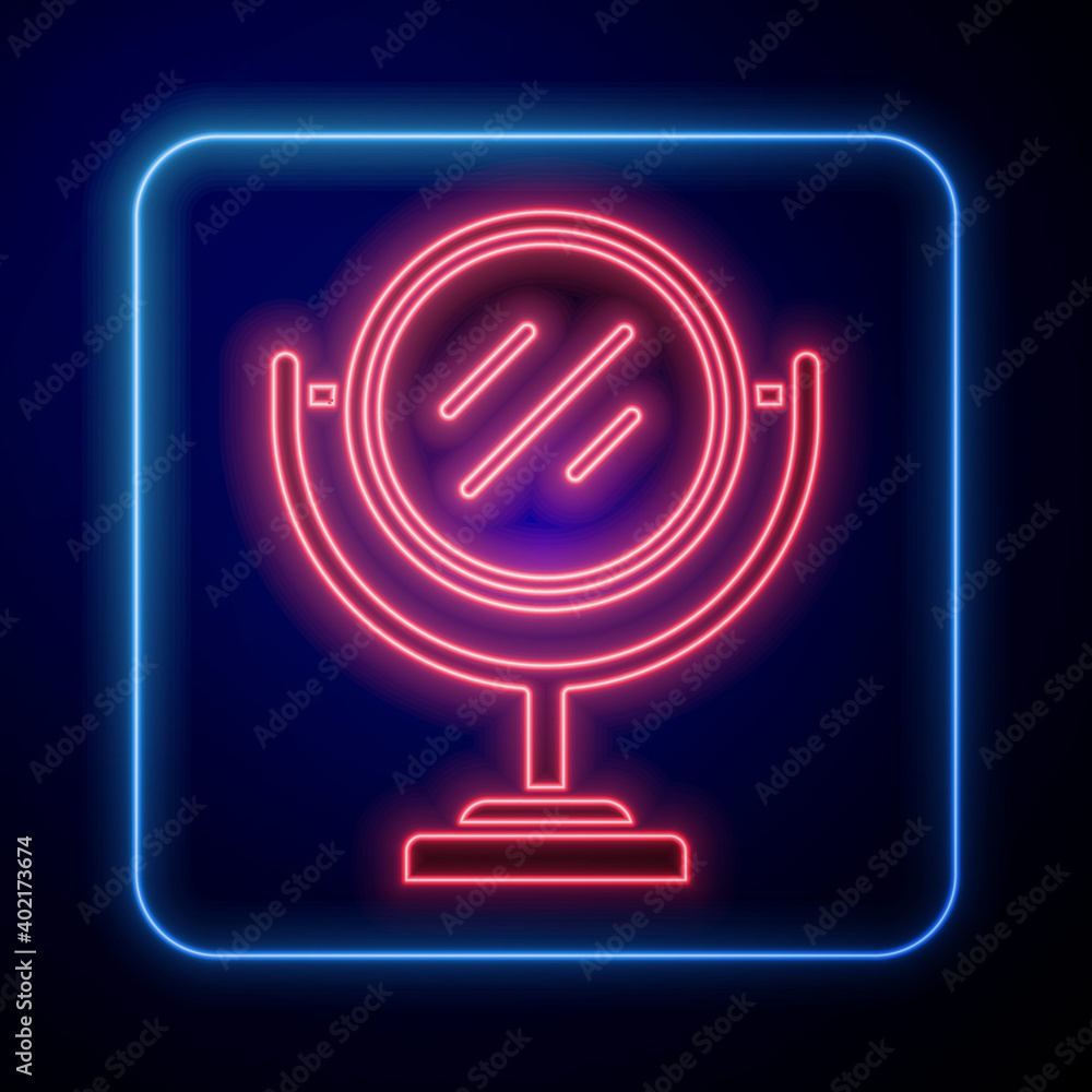Glowing neon Round makeup mirror icon isolated on blue background. Vector.