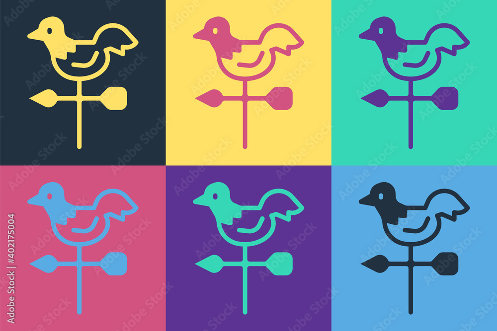 流行艺术公鸡风向标图标隔离在彩色背景上。Weathercock标志。风向标公鸡。