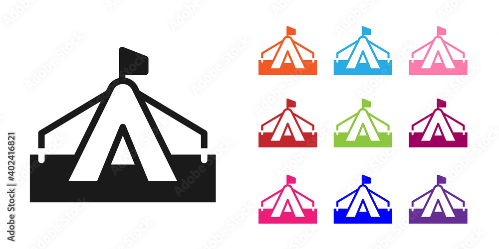 白色背景上隔离的黑色旅游帐篷图标。露营符号。设置彩色图标。矢量。