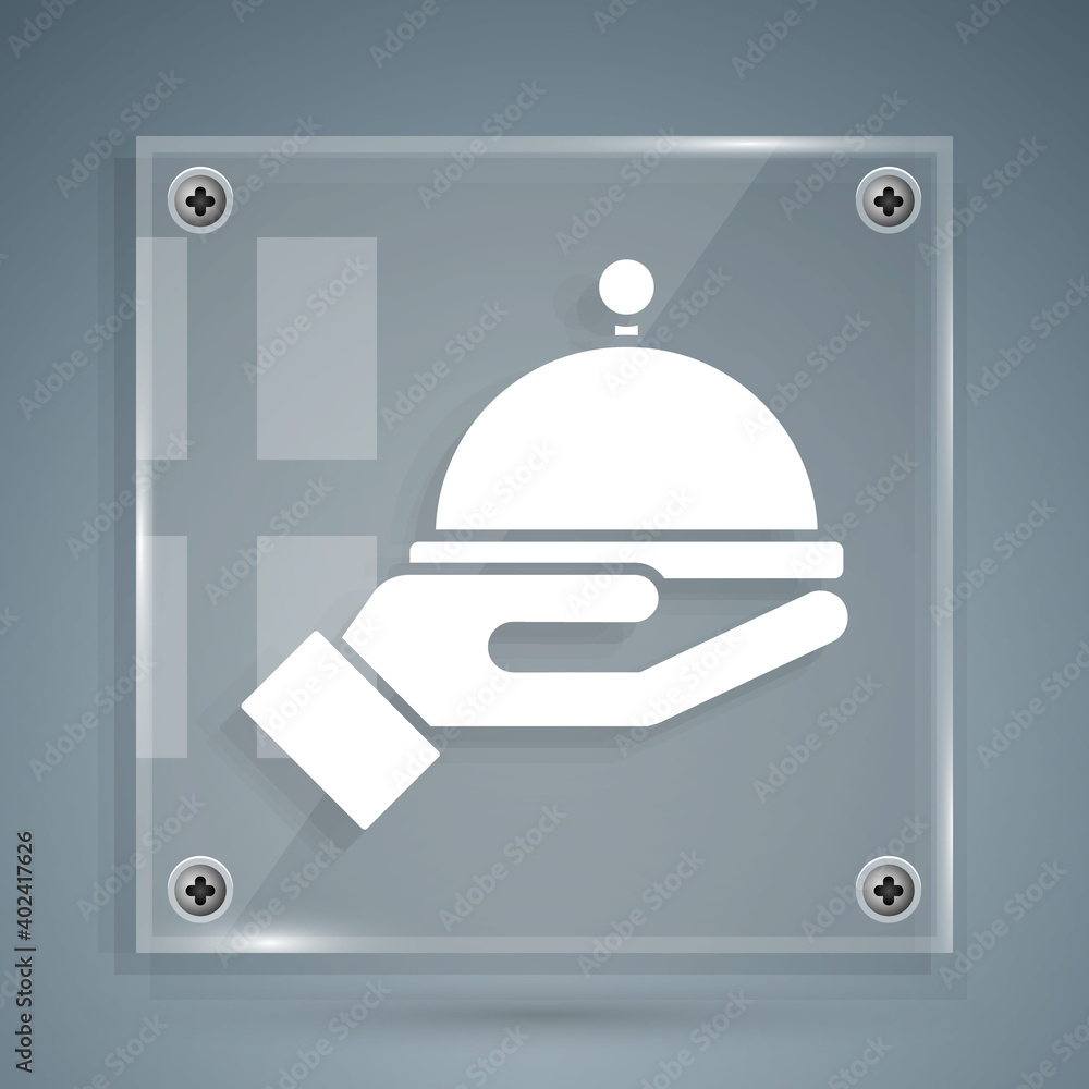 白色，灰色背景上有一托盘食物图标。托盘和盖子标志。餐厅cl
