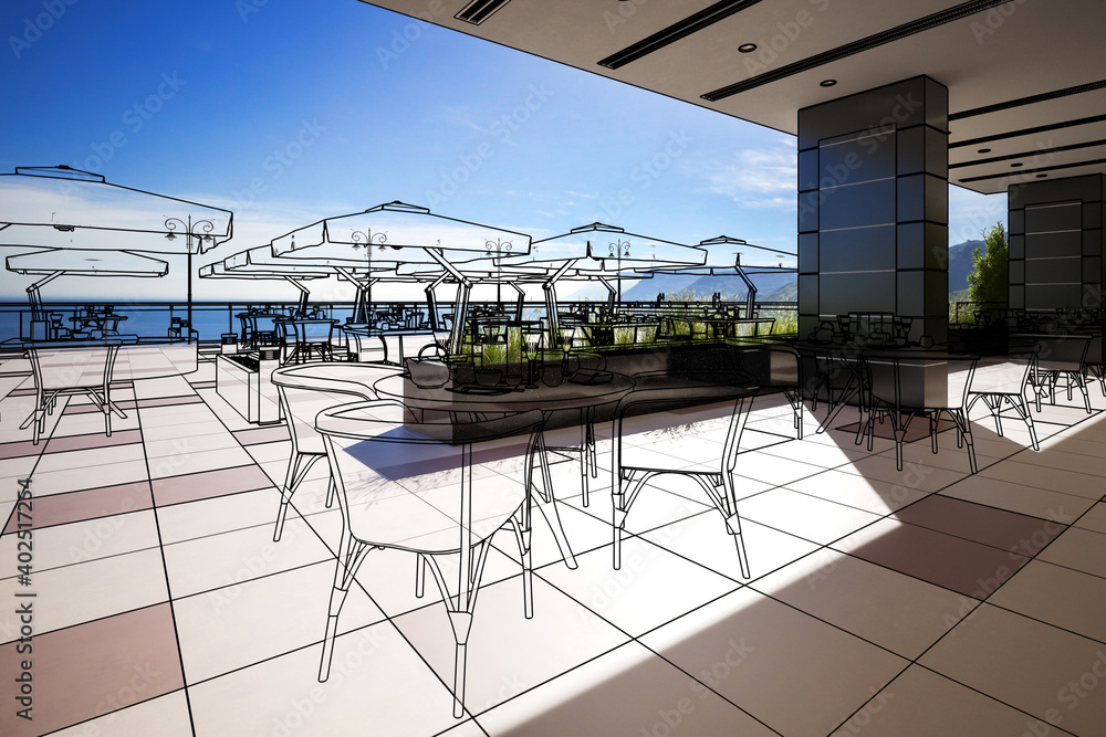 户外露台酒吧和餐厅（草图）-三维可视化