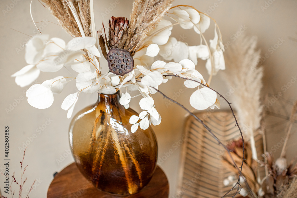 米黄色背景的玻璃花瓶中的干花和草药的组成。潘帕斯草原的花束