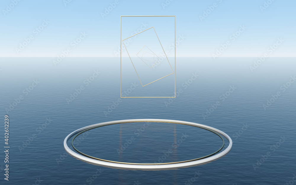 漂浮在水面上的圆形平台，三维渲染。