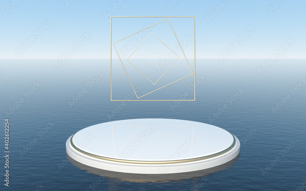 漂浮在水面上的圆形平台，三维渲染。
