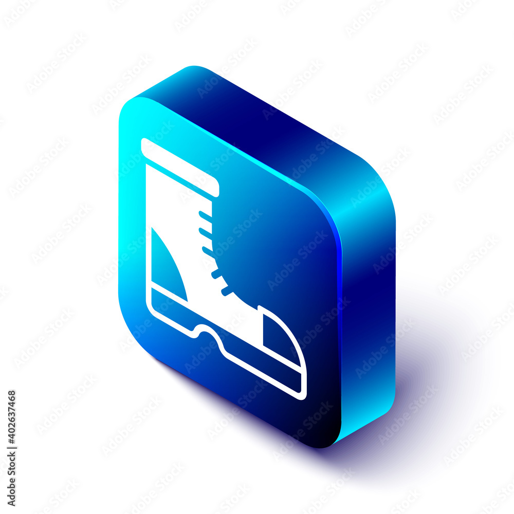Isometric Hunter boots icon isolated on white background. Blue square button. Vector.