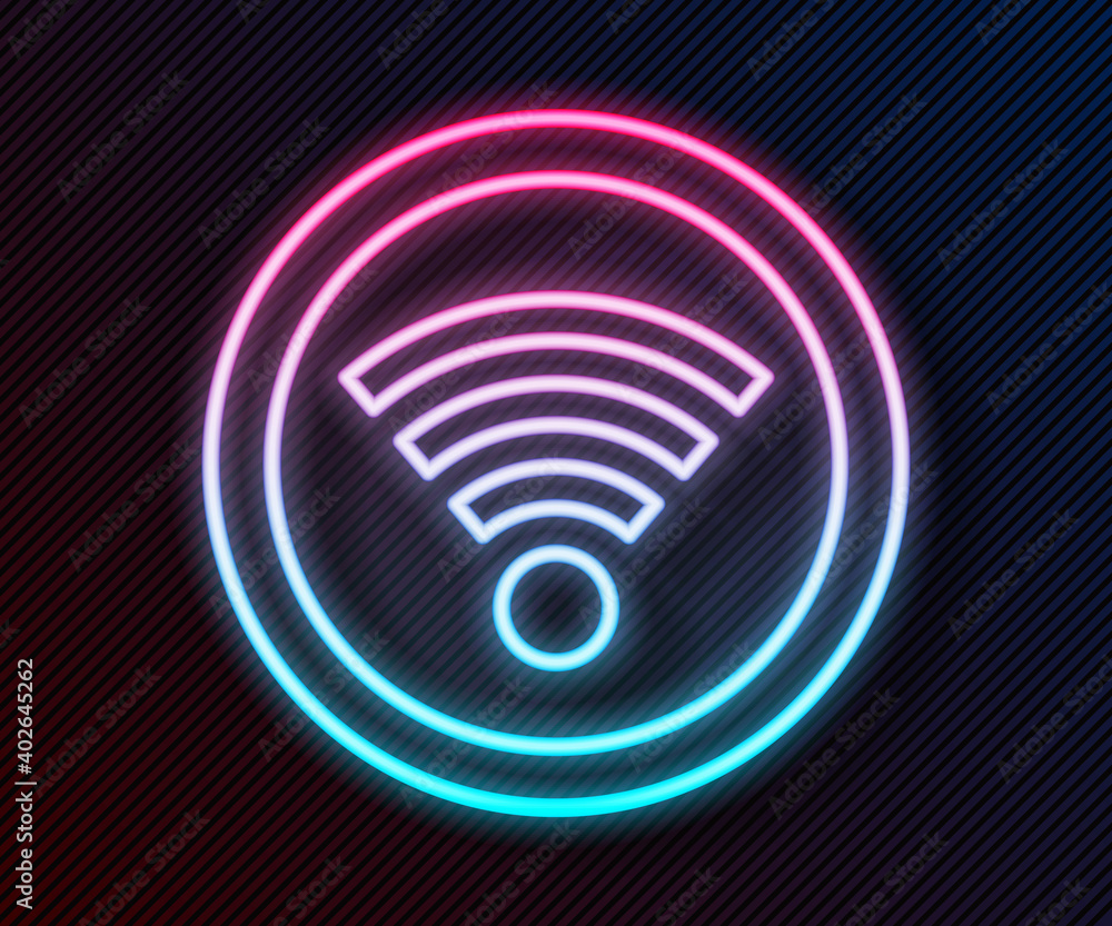 发光的霓虹灯线Wi-Fi无线互联网网络符号图标隔离在黑色背景上。矢量。