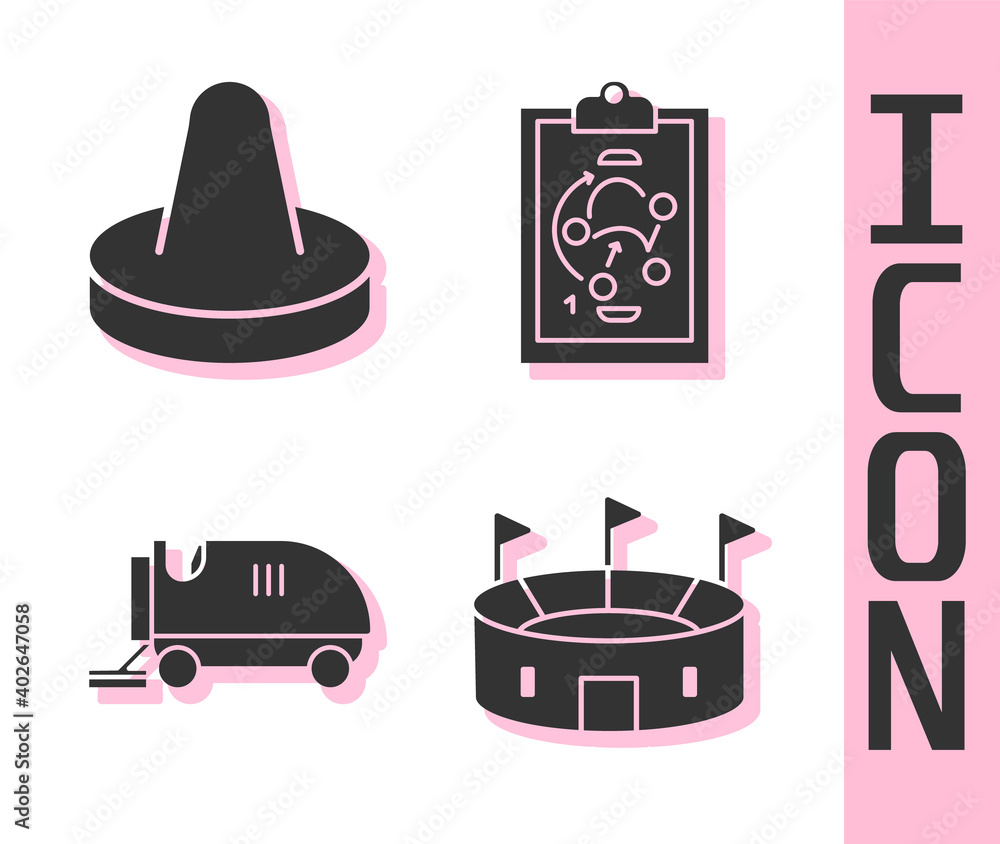 Set Hockey stadium, Mallet for playing air hockey, Ice resurfacer and Planning strategy icon. Vector