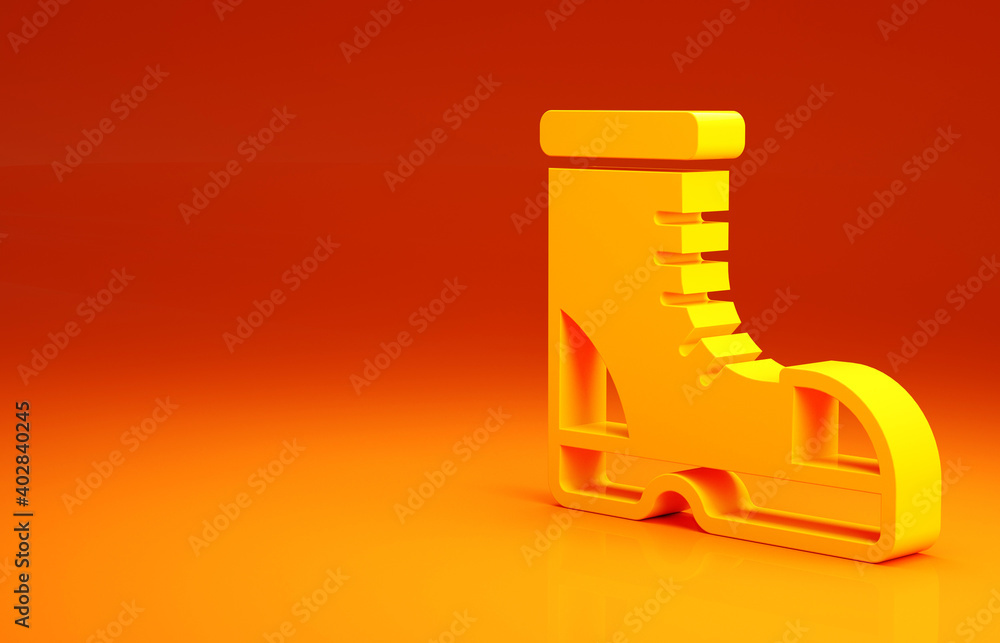 黄色猎人靴图标隔离在橙色背景上。极简主义概念。3d插图3d rende