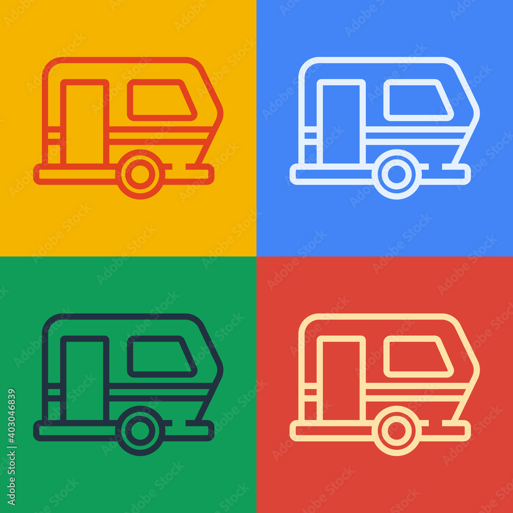 流行艺术线Rv露营拖车图标隔离在彩色背景上。旅行移动房屋，房车，家