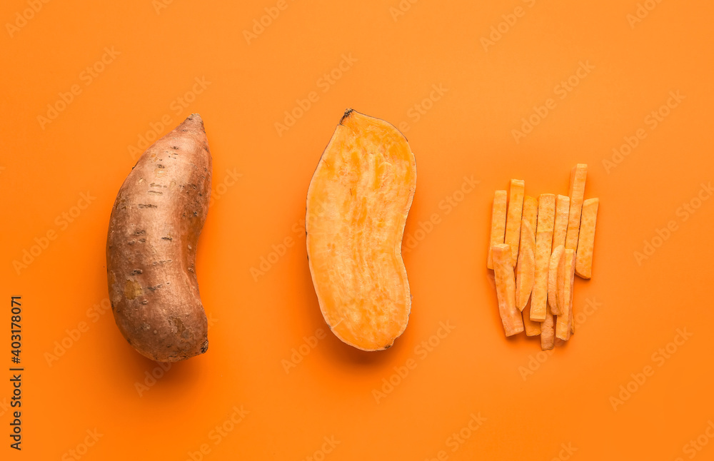 彩色背景下的新鲜红薯