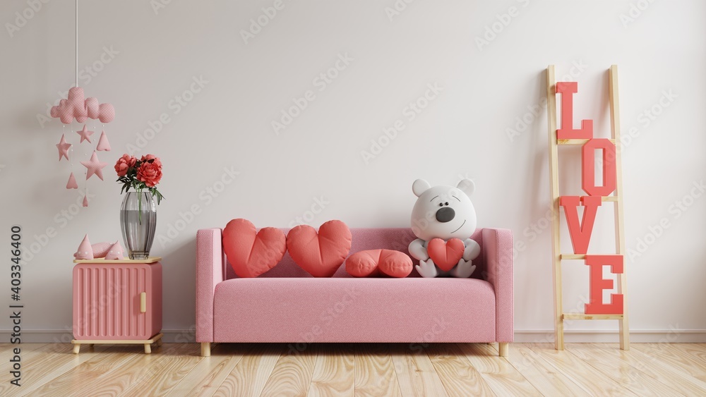 模拟墙情人节房间现代室内有沙发和家居装饰，适合情人节。