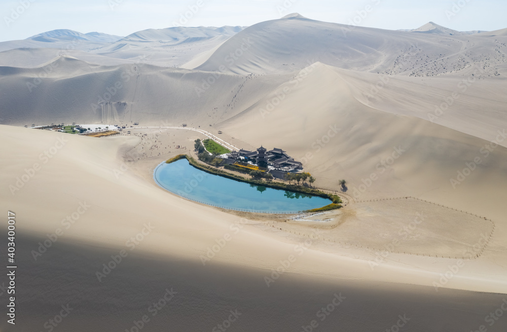 beautiful crescent lake from above in dunhuang