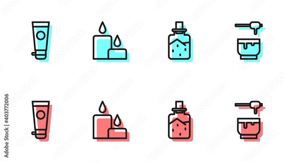 设置线Spa盐、奶油或乳液化妆管、燃烧蜡烛和蜂蜜斗杆碗图标。V