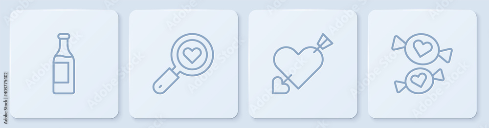 Set line Wine bottle, Amour with heart and arrow, Search love and Candy. White square button. Vector