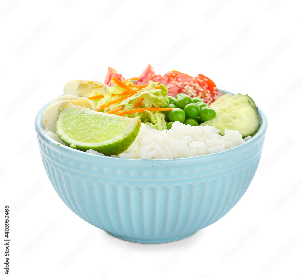 白底米饭、鸡蛋和蔬菜的碗