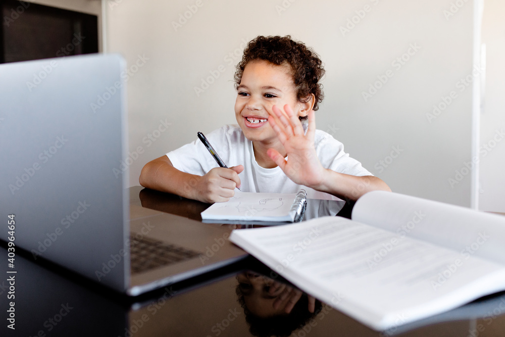 男孩通过电子学习课程在网上课堂学习