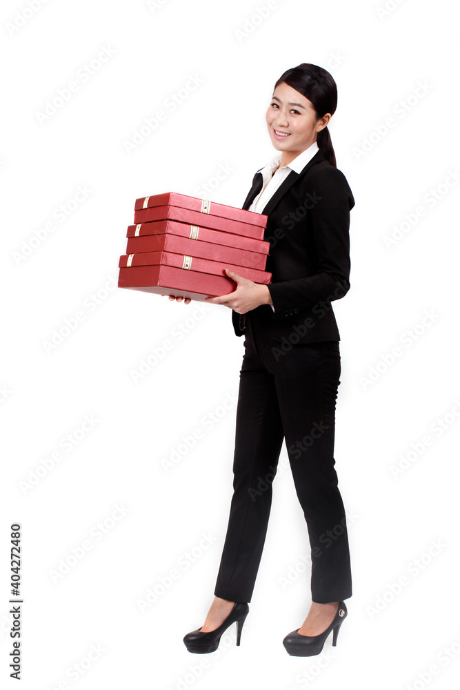 A young Business woman holding gift box