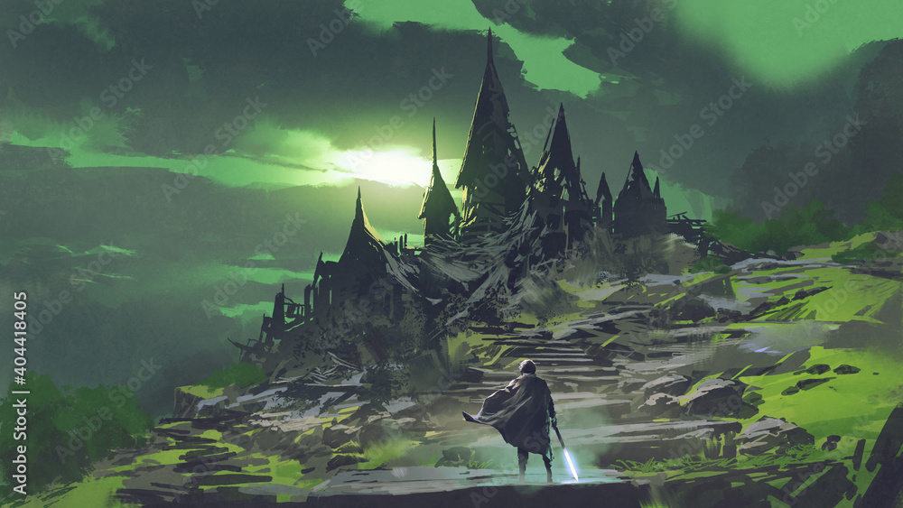男人在看神秘的废弃城堡，背景是绿色的天空，数字艺术风格