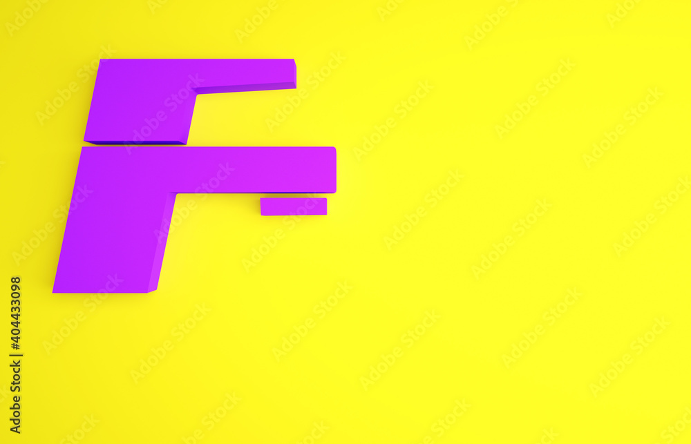 紫色水龙头图标隔离在黄色背景上。极简主义概念。3d插图3d渲染。