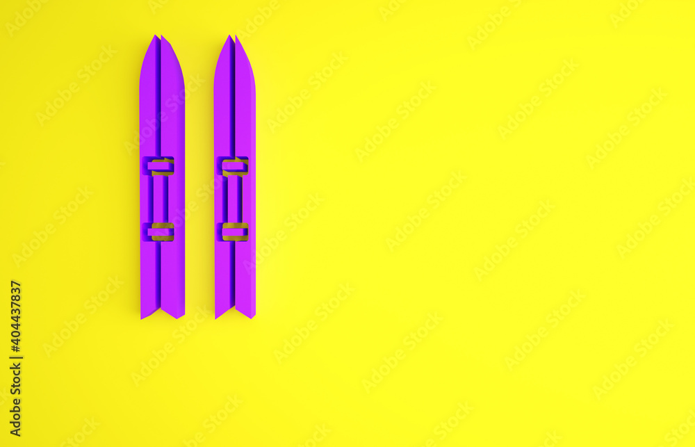 黄色背景上隔离的紫色滑雪杖图标。极限运动。滑雪设备。冬季sp