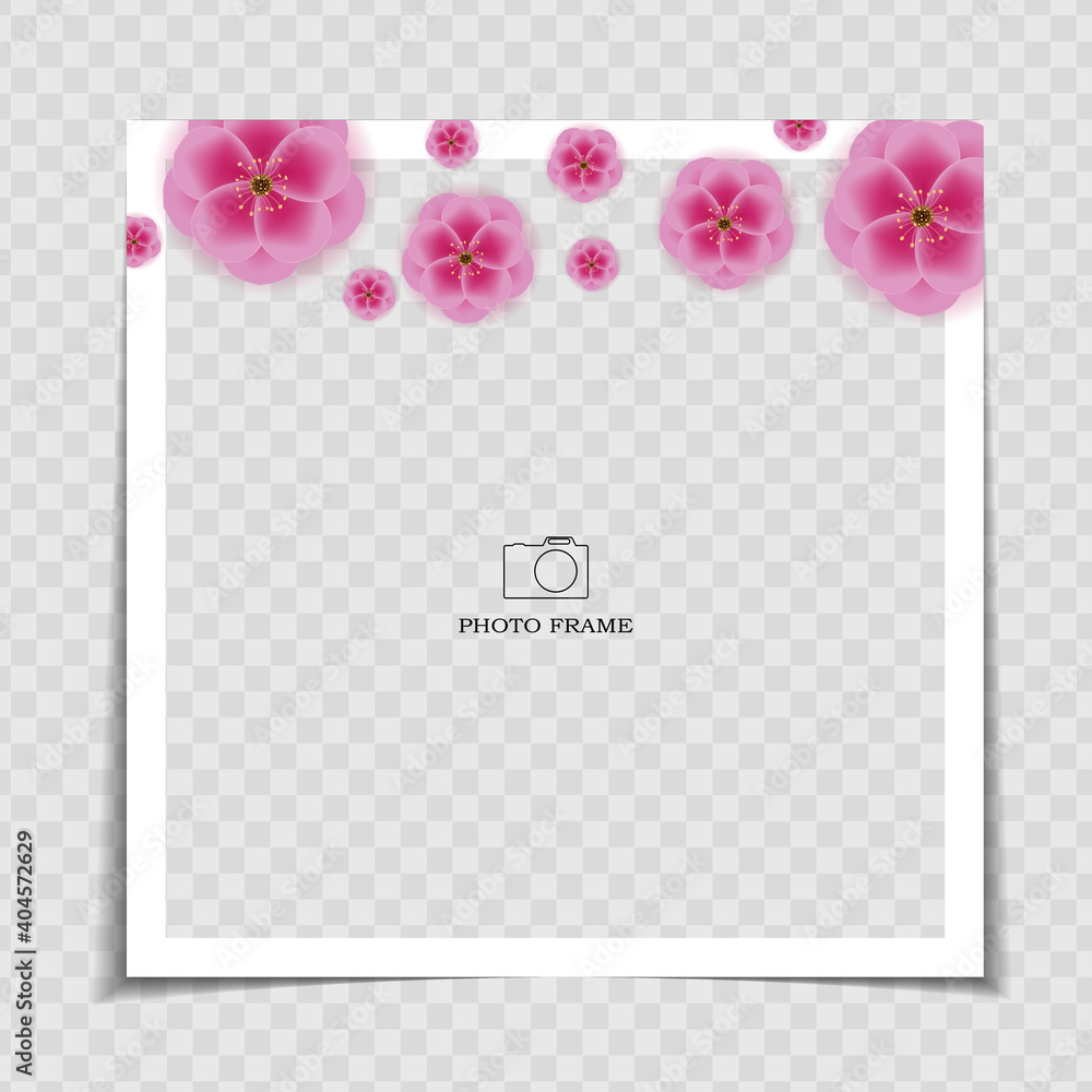 Holiday Background Photo Frame Template. Sarura, plum flower background for post in Social Network. 
