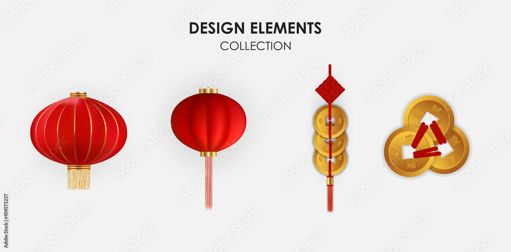 逼真的3d中国节日设计元素：吊灯和金币收藏套装。Vecto