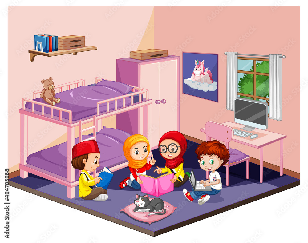 白色背景下粉色主题场景中卧室里的孩子