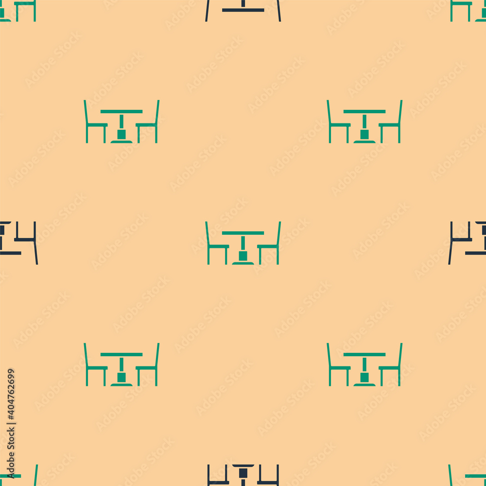 Green and black Wooden table with chair icon isolated seamless pattern on beige background. Vector.
