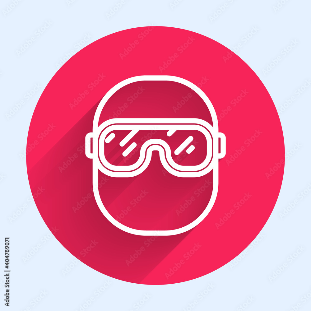白线滑雪护目镜图标与长阴影隔离。极限运动。运动装备。红圈布
