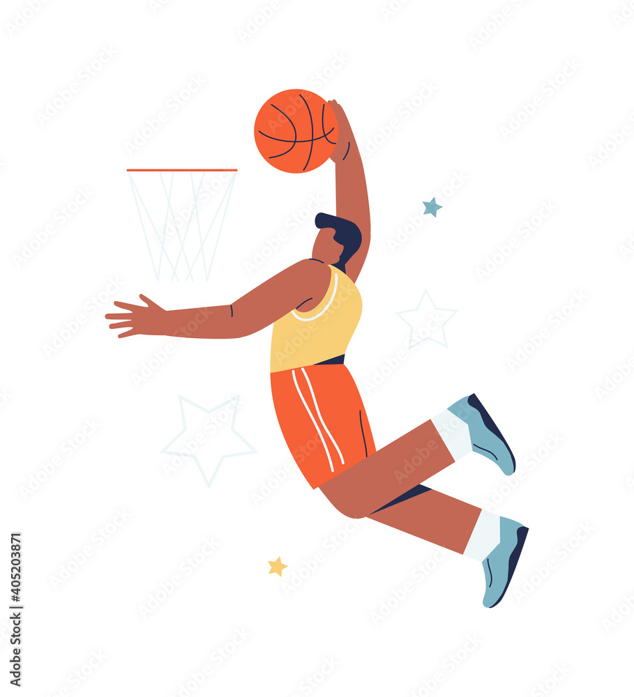 篮球运动员将球投进篮下。竞争与成就。矢量现代插图