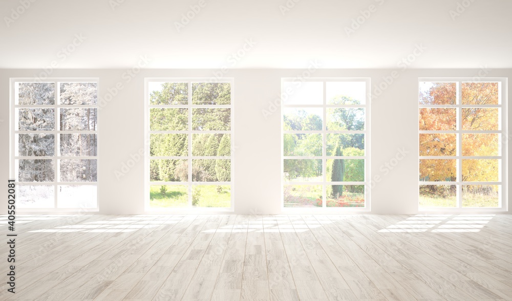 高分辨率白色空房间，窗户上有四个季节。3D插图
