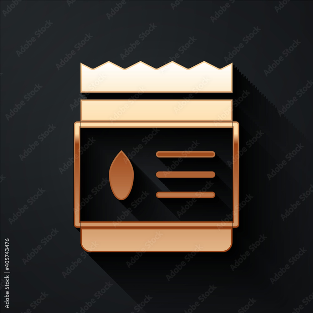 Gold Pack full of seeds of a specific plant icon isolated on black background. Long shadow style. Ve