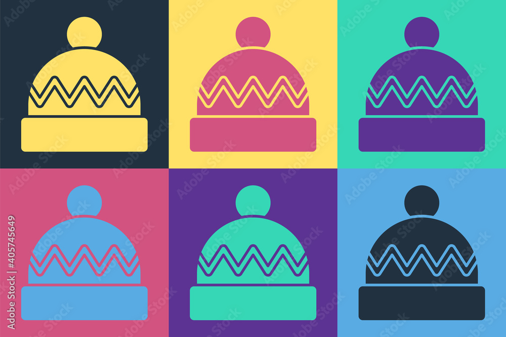流行艺术冬季帽子图标在彩色背景上隔离。矢量。