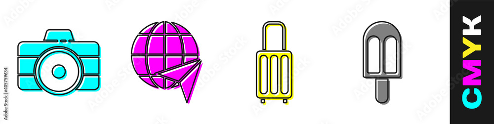 Set Photo camera, Globe with flying plane, Suitcase and Ice cream icon. Vector.