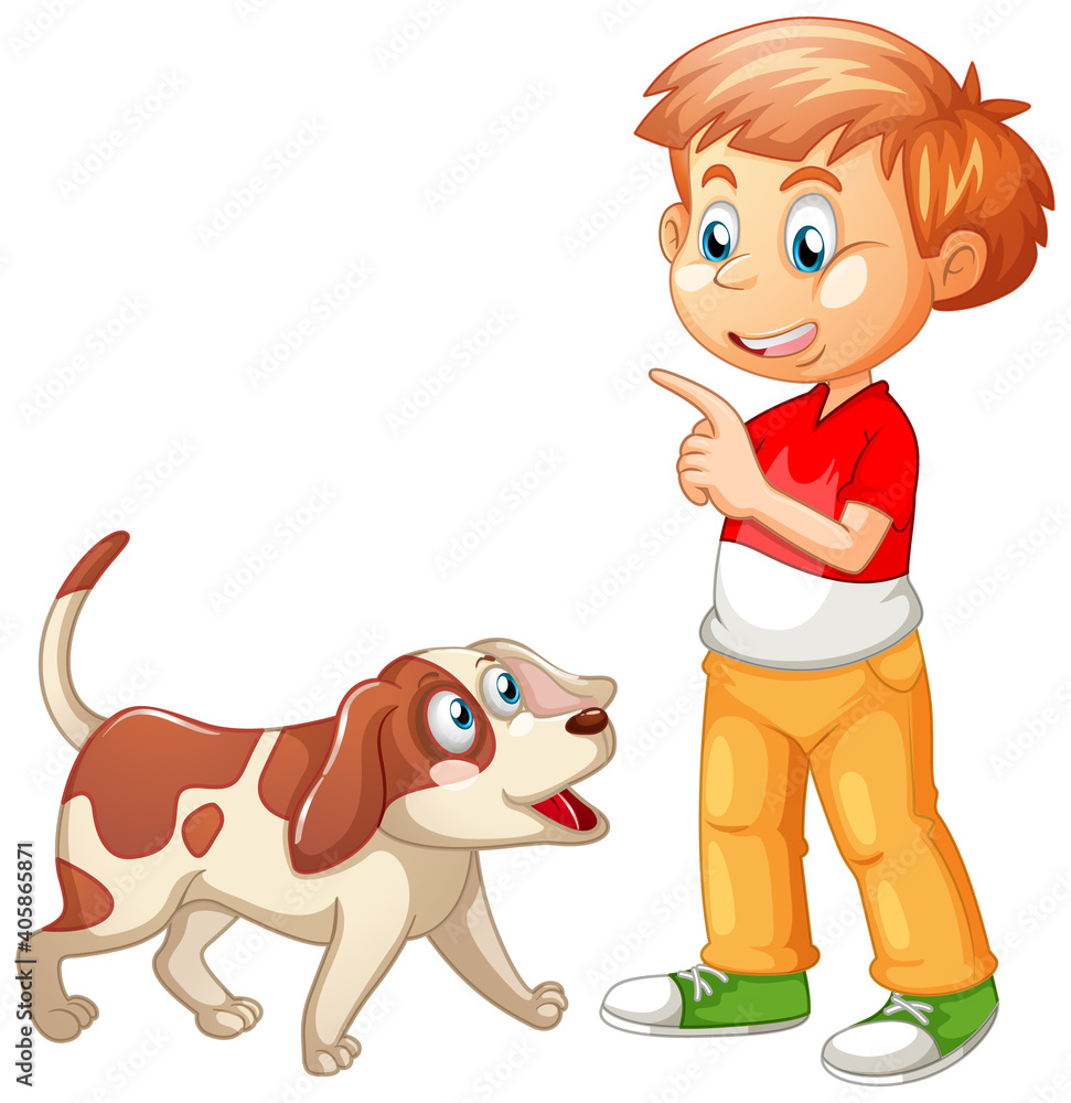 男孩与一只被隔离在白色背景下的狗玩耍