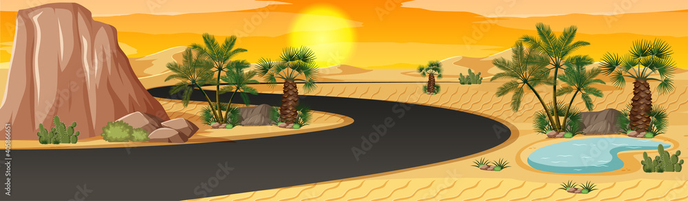 沙漠绿洲与棕榈树自然景观场景