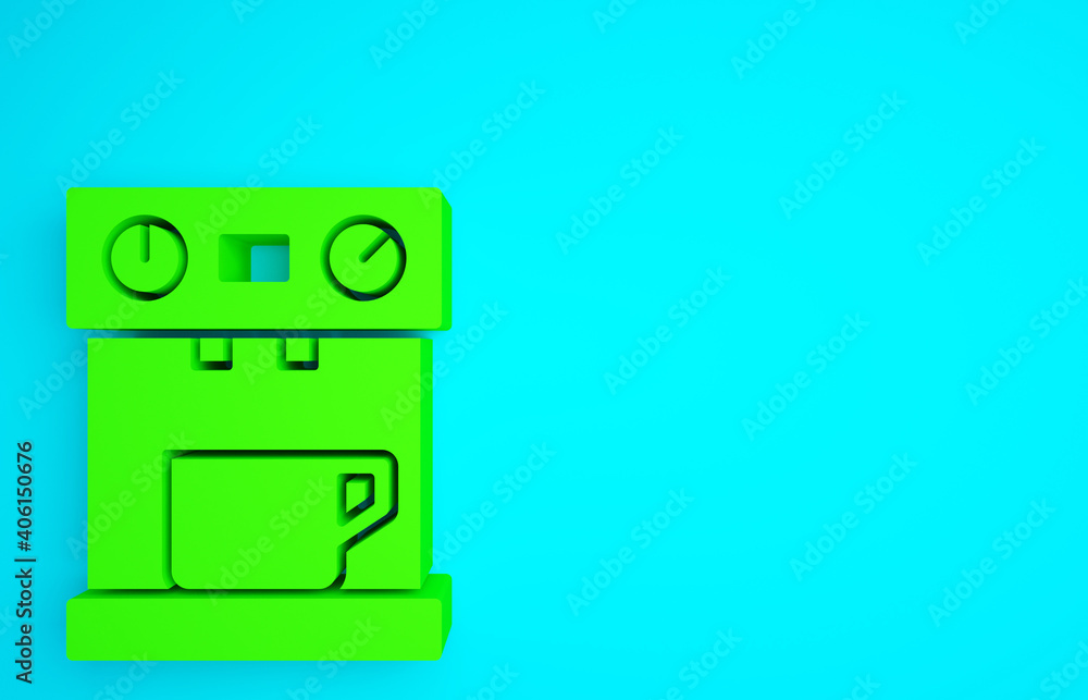 绿色咖啡机图标隔离在蓝色背景上。极简主义概念。3d插图3d渲染