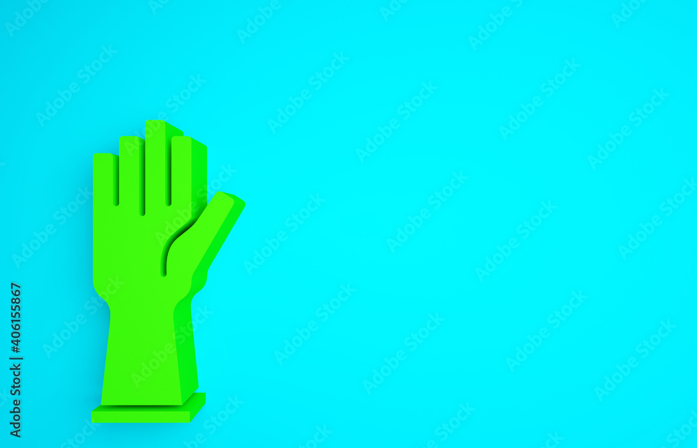 蓝色背景上隔离的绿色橡胶手套图标。乳胶护手标志。家务清洁