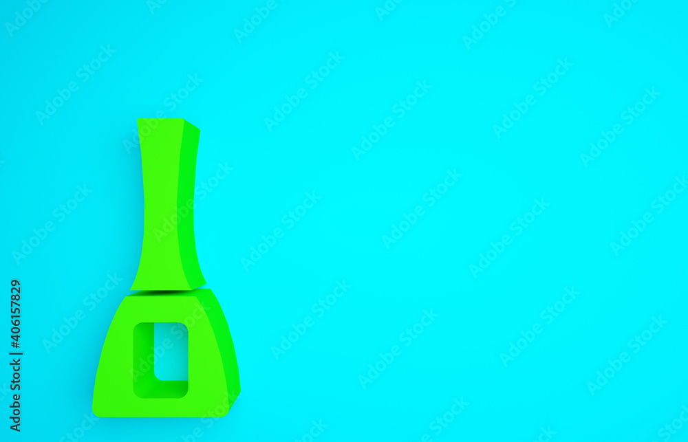 蓝色背景上隔离的绿色指甲油瓶图标。极简主义概念。3d插图3d re