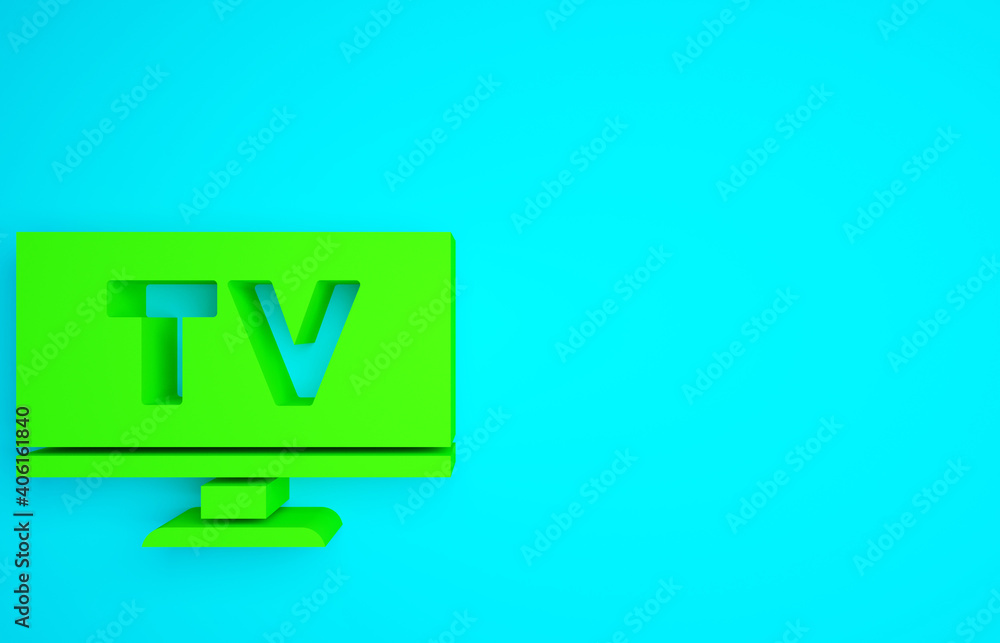 蓝色背景上隔离的绿色智能电视图标。电视标志。极简主义概念。3d插图